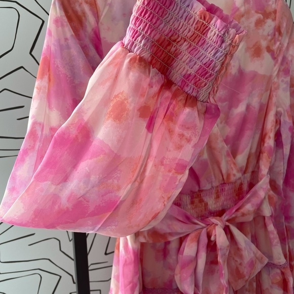 Japna Floral Pink Short Ruffle Mini Tiered Smock Waist Dress Misa , Size Medium - Picture 5 of 10